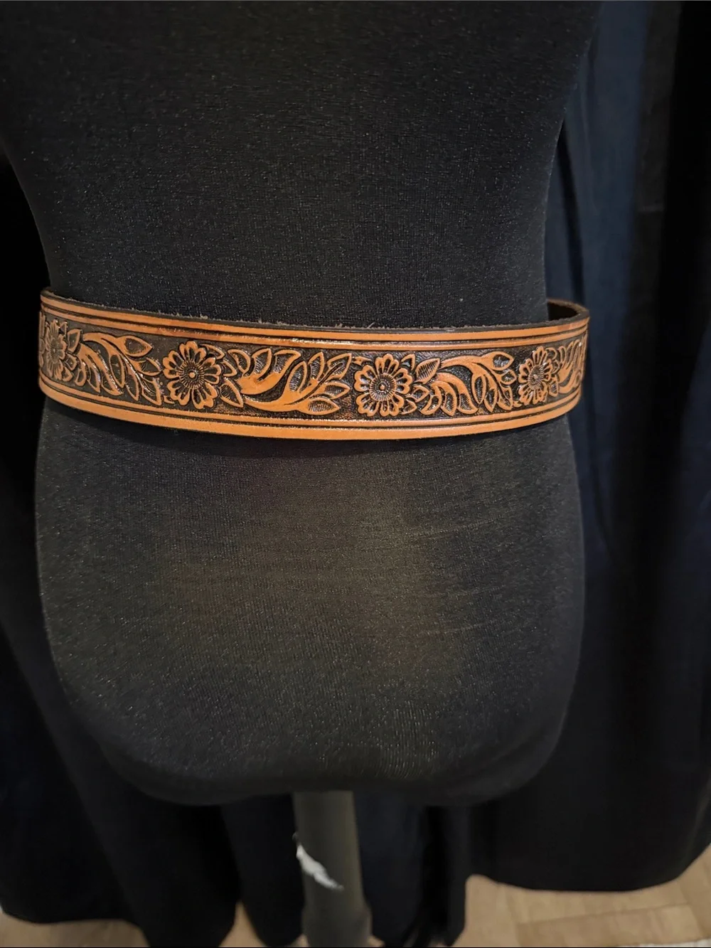 Western Tooled Floral Leather Belt in Tan with Silver Buckle